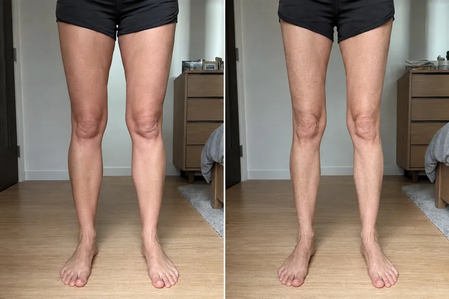 Two photos of the same legs years apart, showing visible loss of thigh and calf muscle