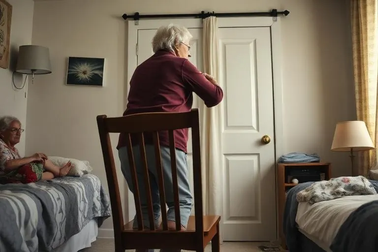 A woman in her sixties doing a supported squat at home
