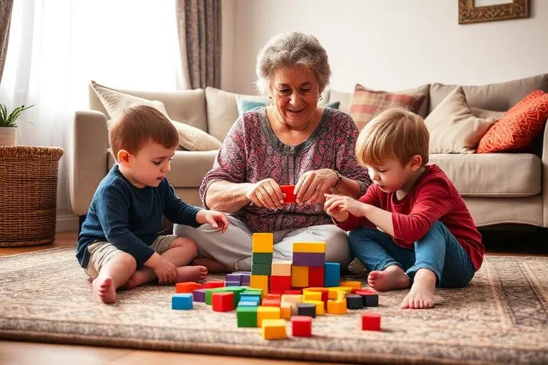 A woman in her fifties playing with her grandchildren
