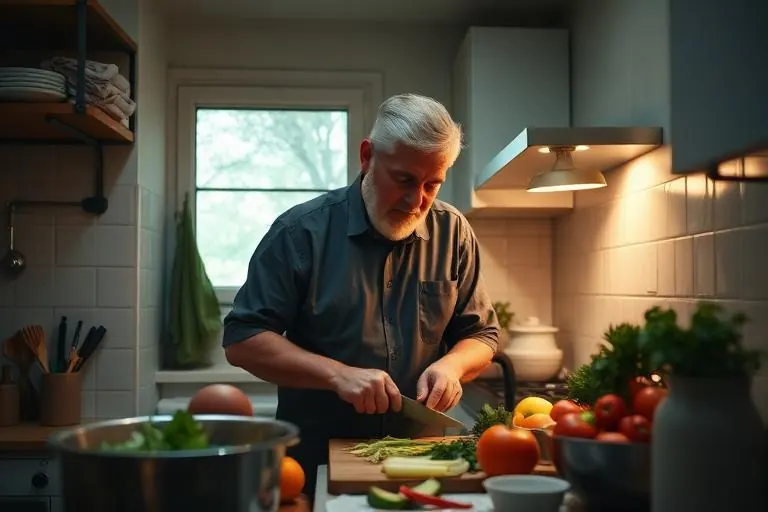 A man in his fifties preparing a healthy meal