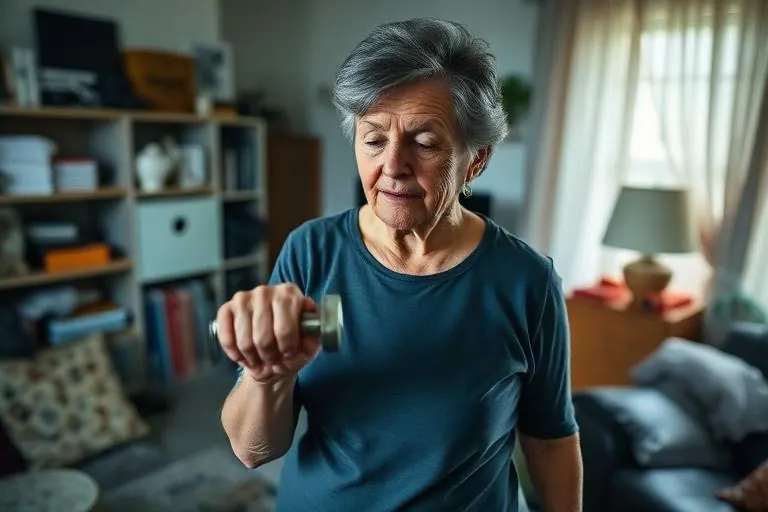 A woman in her fifties strength training at home