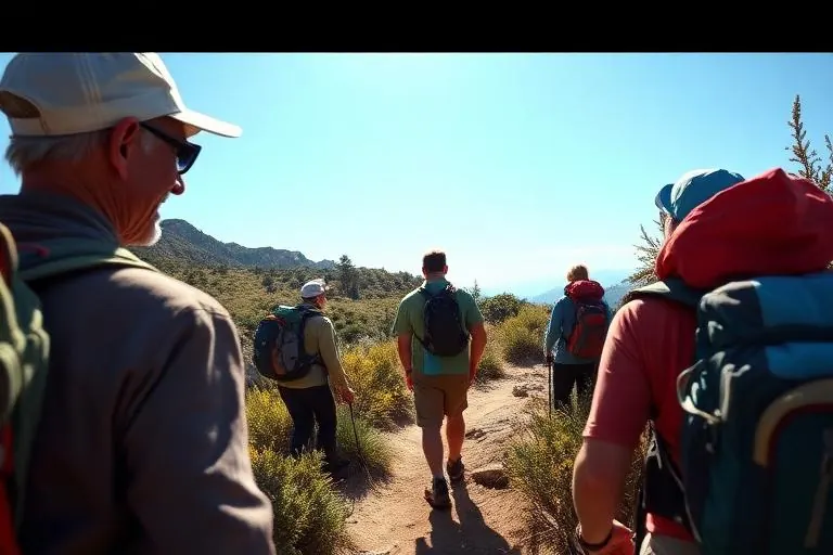 Man in his fifties setting the pace at the front of a hiking group