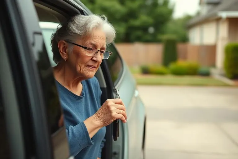 Woman in her sixties getting into her own car in the driveway