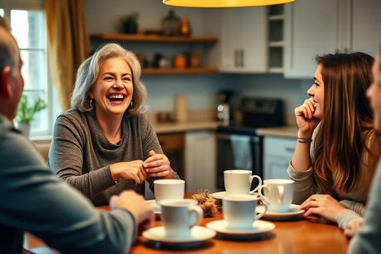 Woman in her fifties laughing mid-conversation with friends at a kitchen table