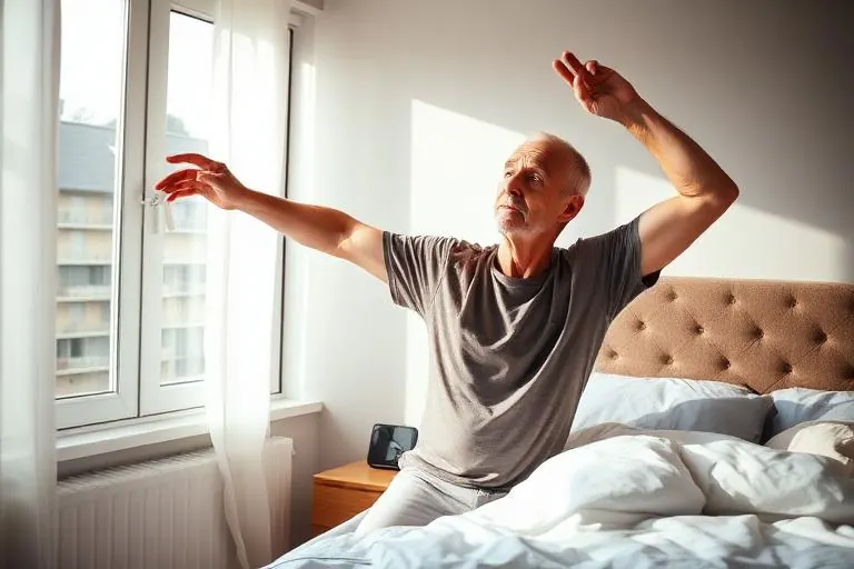 Man in his fifties stretching easily beside his bed in the morning