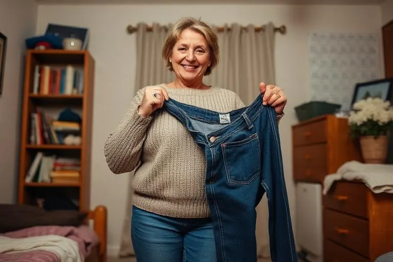 Woman in her late forties holding up an old pair of jeans in her bedroom