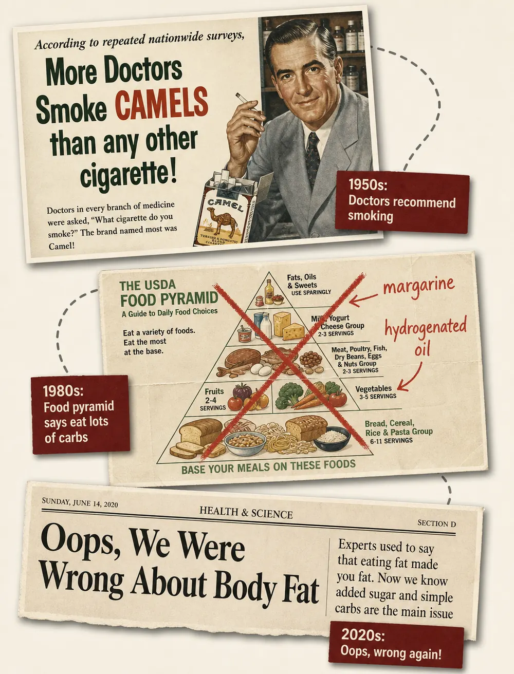 Timeline of official health advice that aged badly: 1950s doctors recommending cigarettes, the 1980s food pyramid, and the 2020s reversal on dietary fat